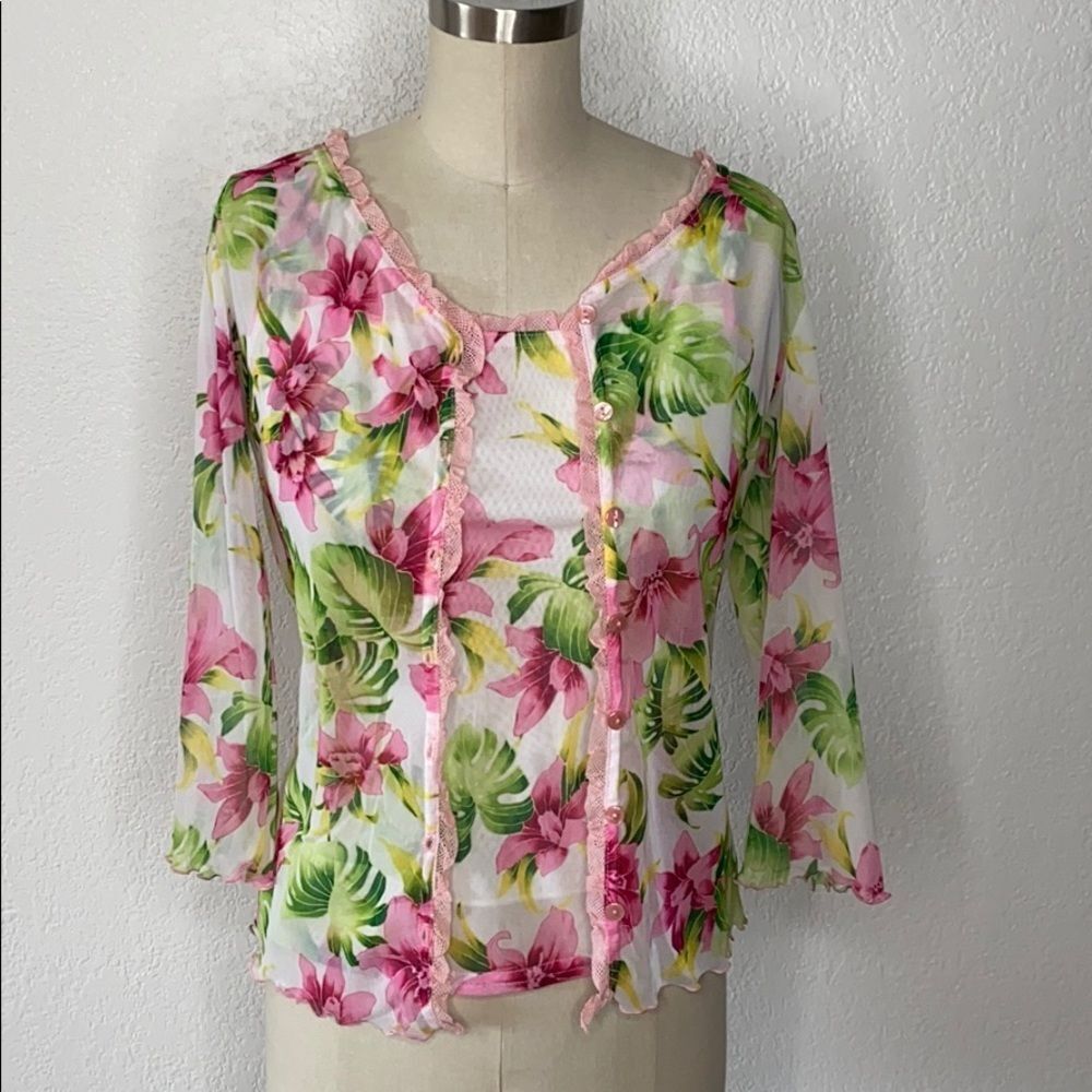 VTG clueless Y2K pink Hawaiian hibiscus 🌺 cardigan set L